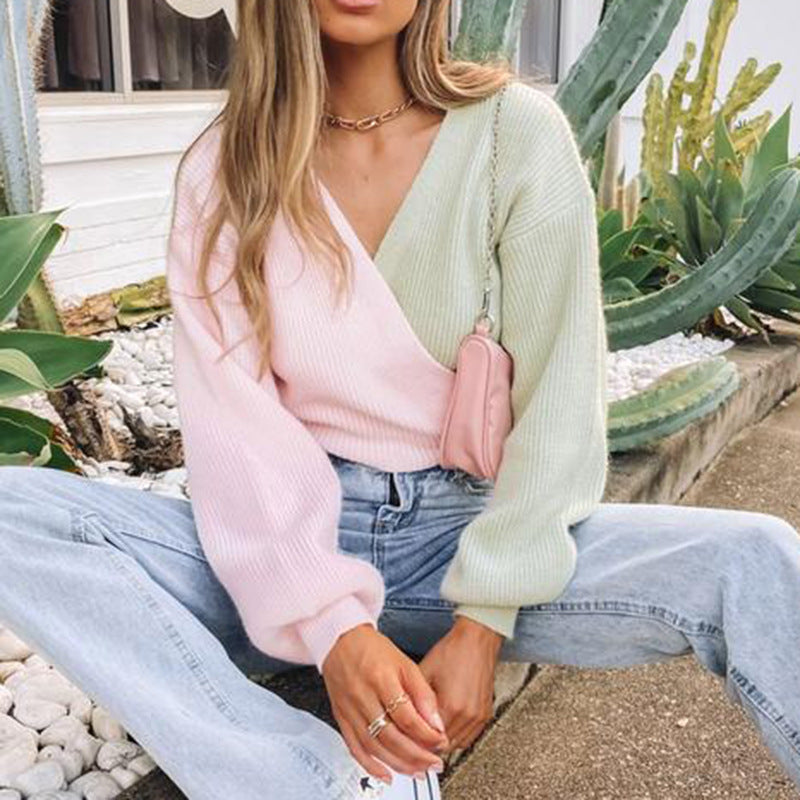 Damen Eleganter V-Ausschnitt Pullover mit farblich abgesetzten Ärmeln und strukturierter Oberfläche EB