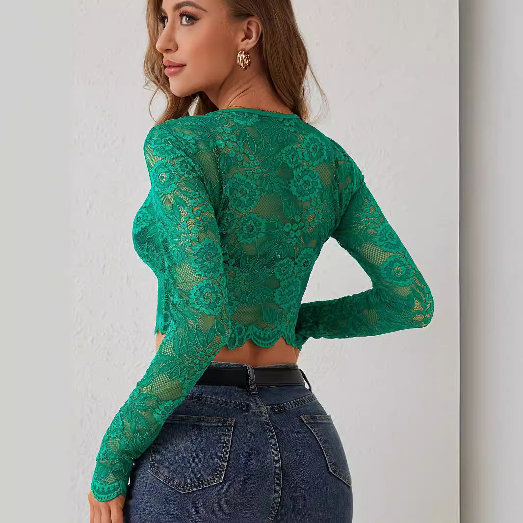 Damen nan kurz geschnittenes florales Spitzen-Crop-Top mit Rundhalsausschnitt, langen Ärmeln und gewelltem Saum EB