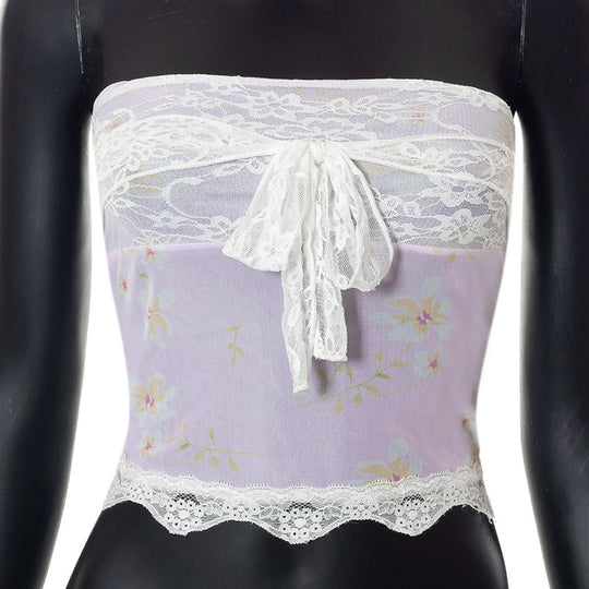 Damen Bandeau-Top mit floralen Details und Spitzenabschluss EB