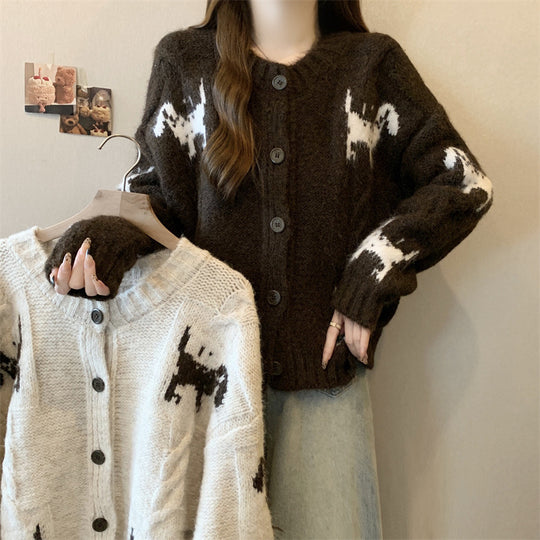 Damen Gemusterter Strickcardigan mit tierischem Motiv und bequemen Oversized-Schnitten EB