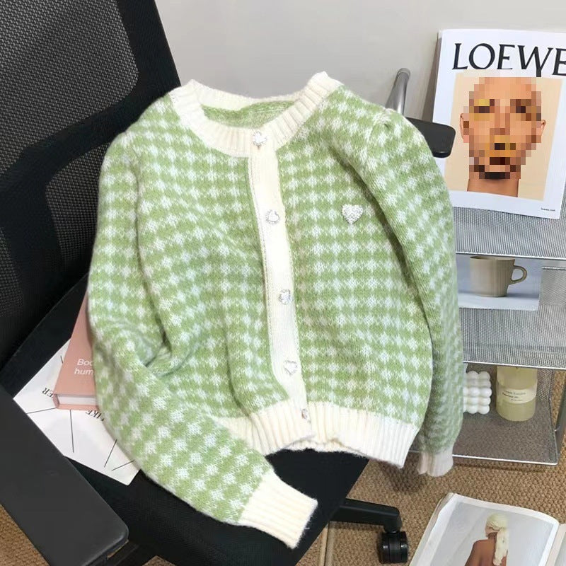 Damen weicher Cardigan mit strukturiertem Karomuster und Herzen EB