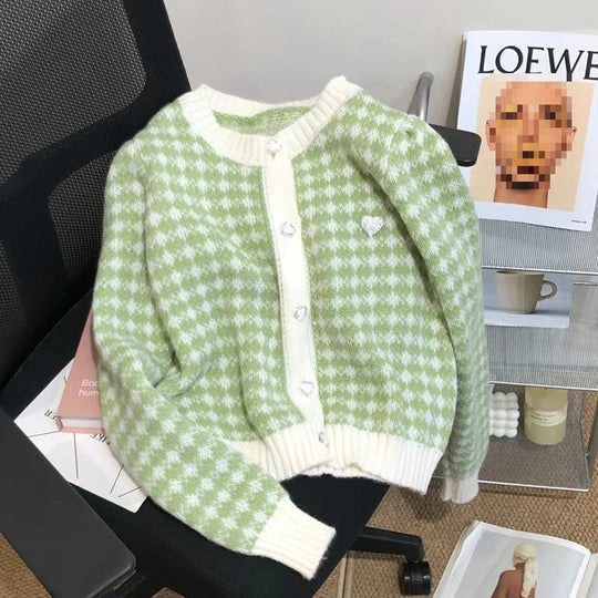 Damen weicher Cardigan mit strukturiertem Karomuster und Herzen EB