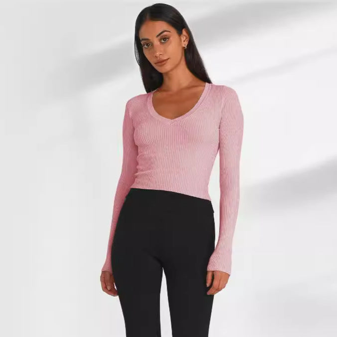 Damen figurbetontes Langarmcropped Oberteil aus Rippstrick EB