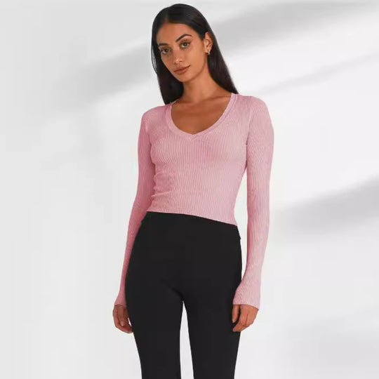 Damen figurbetontes Langarmcropped Oberteil aus Rippstrick EB