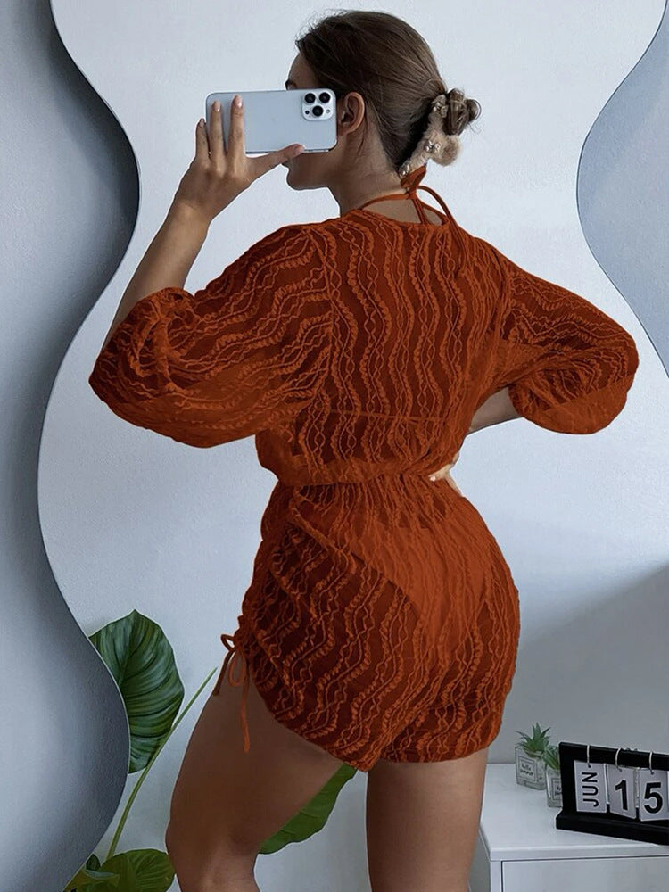 Damen Transparente Strandjacke mit voluminösen Ärmeln und raffiniertem Rückendetail EB