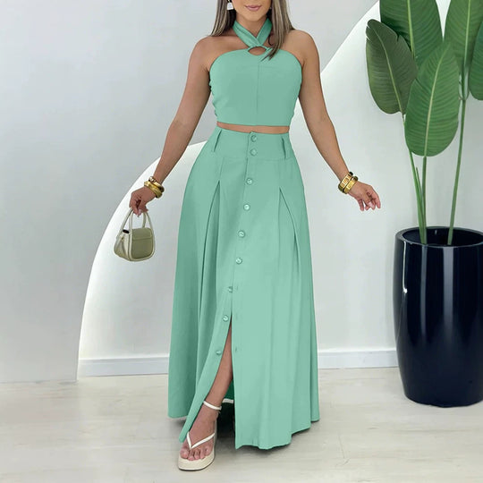 Damen elegantes Crop-Top und Maxirock-Set mit Knopfleiste und Schlitz EB