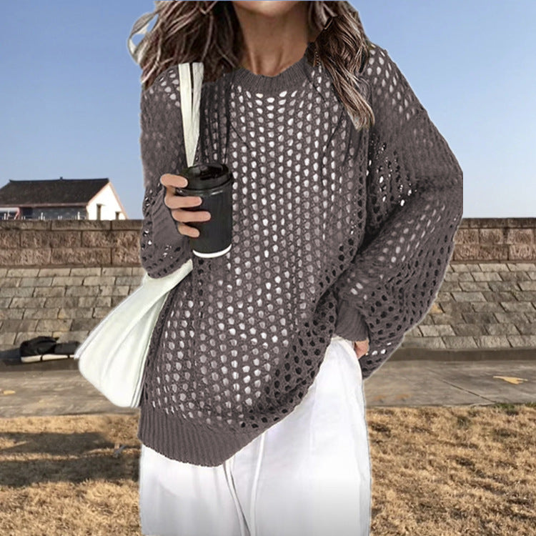 Damen luftiger Strickpullover mit modischer Netzstruktur EB