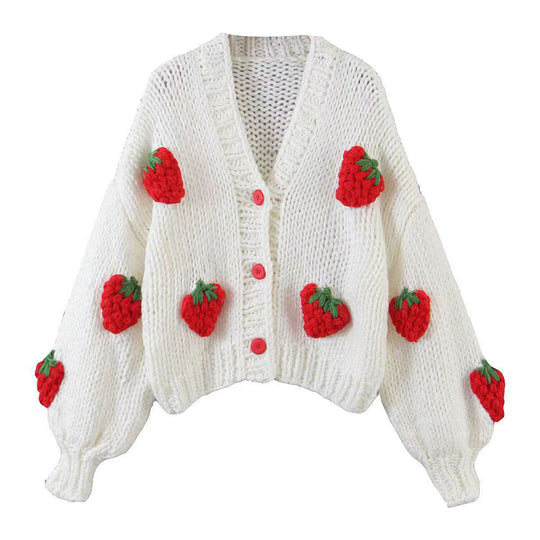 Damen Strickjacke mit Erdbeerapplikationen und Knopfverschluss EB