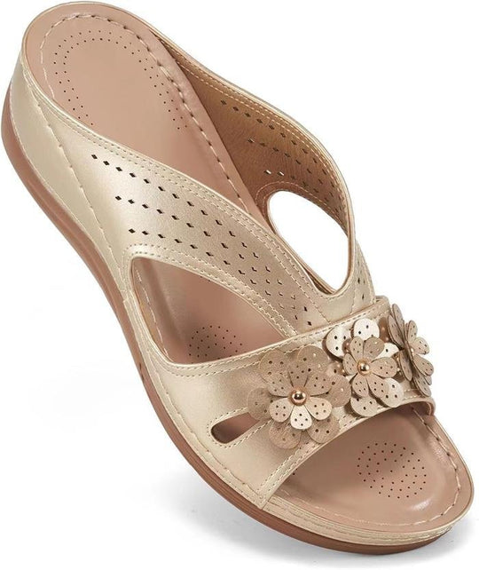 Damen Orthopädische Lederimitat-Pantolette mit Blumen‑Applikation und perforiertem Obermaterial EB