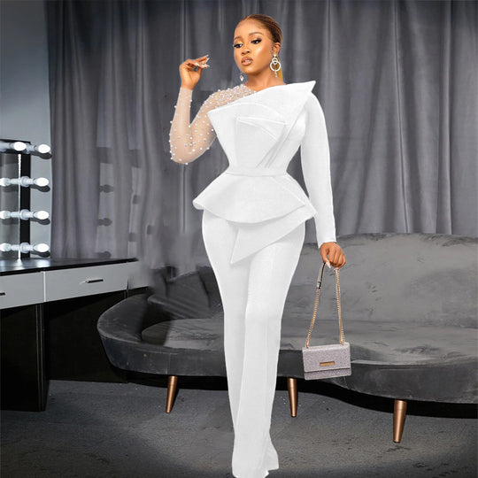 Damen eleganter Jumpsuit mit asymmetrischem Oberteil und raffiniertem Rüschendesign EB