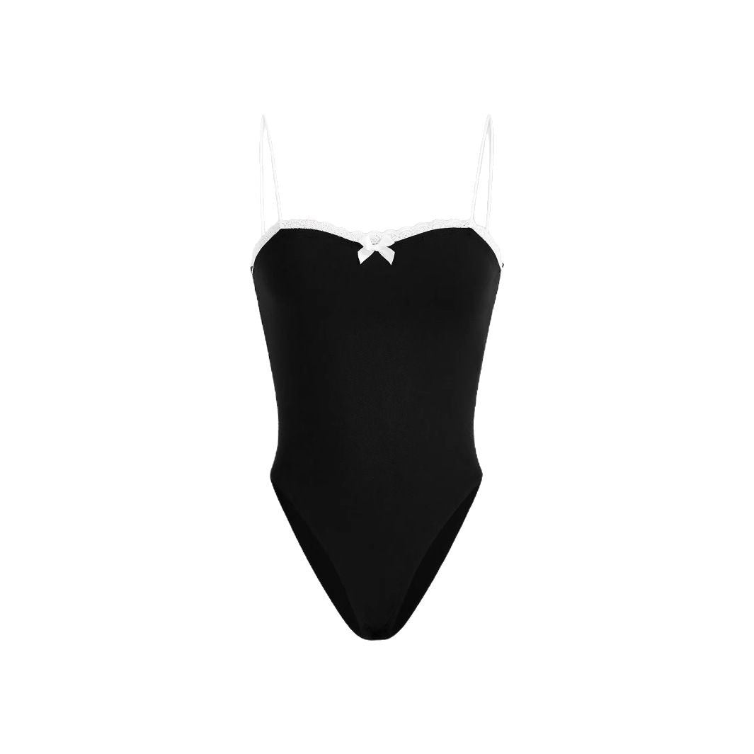 Damen eleganter Badeanzug mit Spitzenrand und Trägern EB