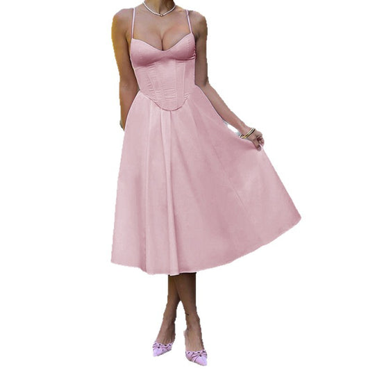 Damen Midikleid mit herzförmigem Ausschnitt und schwingendem Rock EB