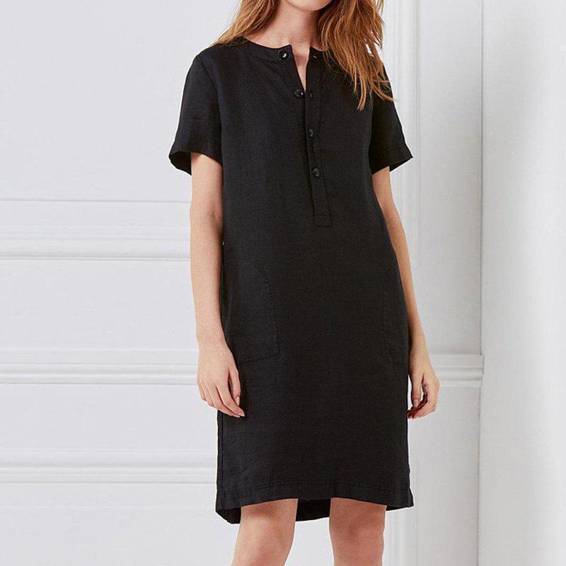 Damen lässiges Leinenkleid mit Knopfleiste und praktischen Taschen EB