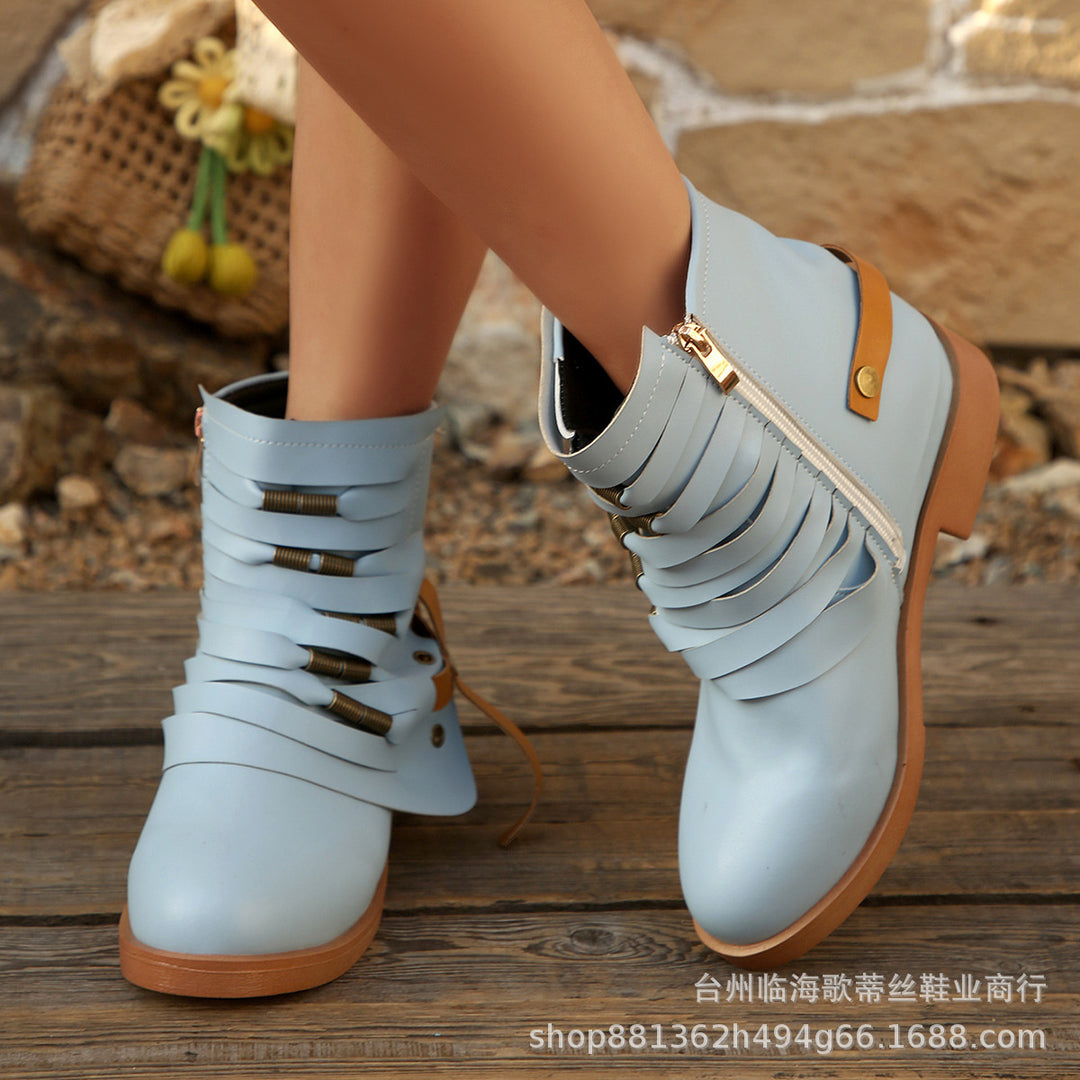 Damen Fransen-Ankle-Boots mit geschichteten Riemen und seitlichem Reißverschluss EB