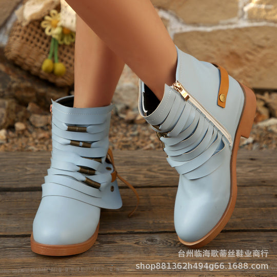Damen Fransen-Ankle-Boots mit geschichteten Riemen und seitlichem Reißverschluss EB