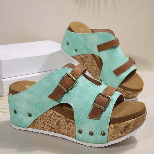 Damen Komfortable Sandalen mit Korksohle und Schnallen EB