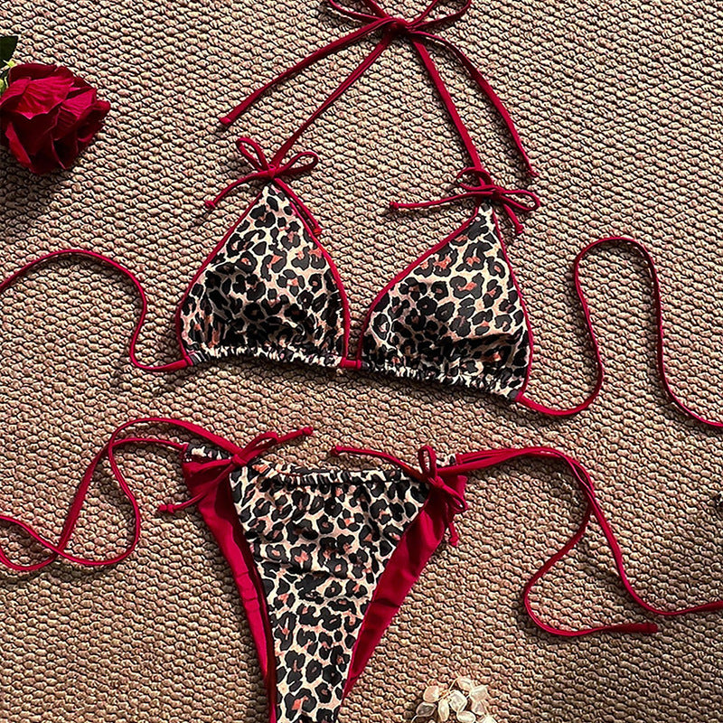Damen Triangel-Bikini mit animalischem Druck und verstellbaren Bindebändern EB