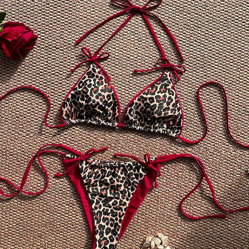 Damen Triangel-Bikini mit animalischem Druck und verstellbaren Bindebändern EB