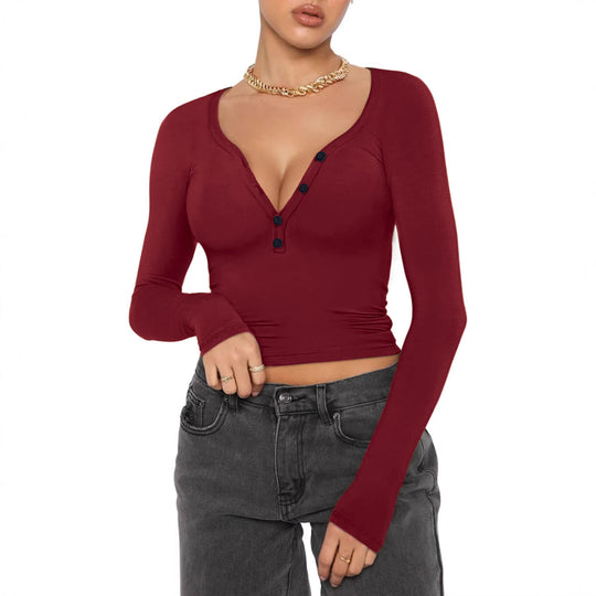 Damen nan figurbetontes geripptes Longsleeve mit Henley-Knopfleiste und tiefem V-Ausschnitt EB