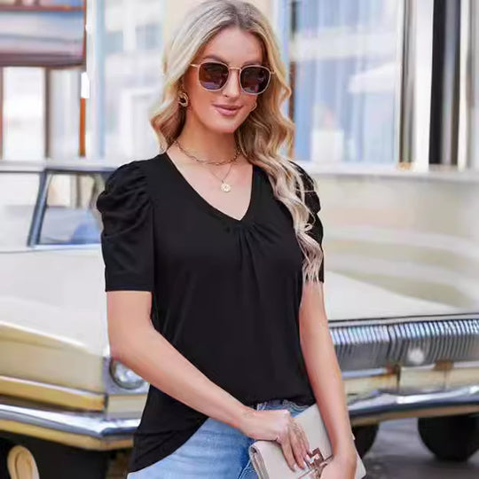 Damen V-Ausschnitt T-Shirt mit Puffärmeln EB