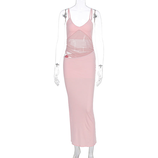 Damen elegantes bodenlanges Wickelkleid mit feinen Trägern und figurformendem Design EB
