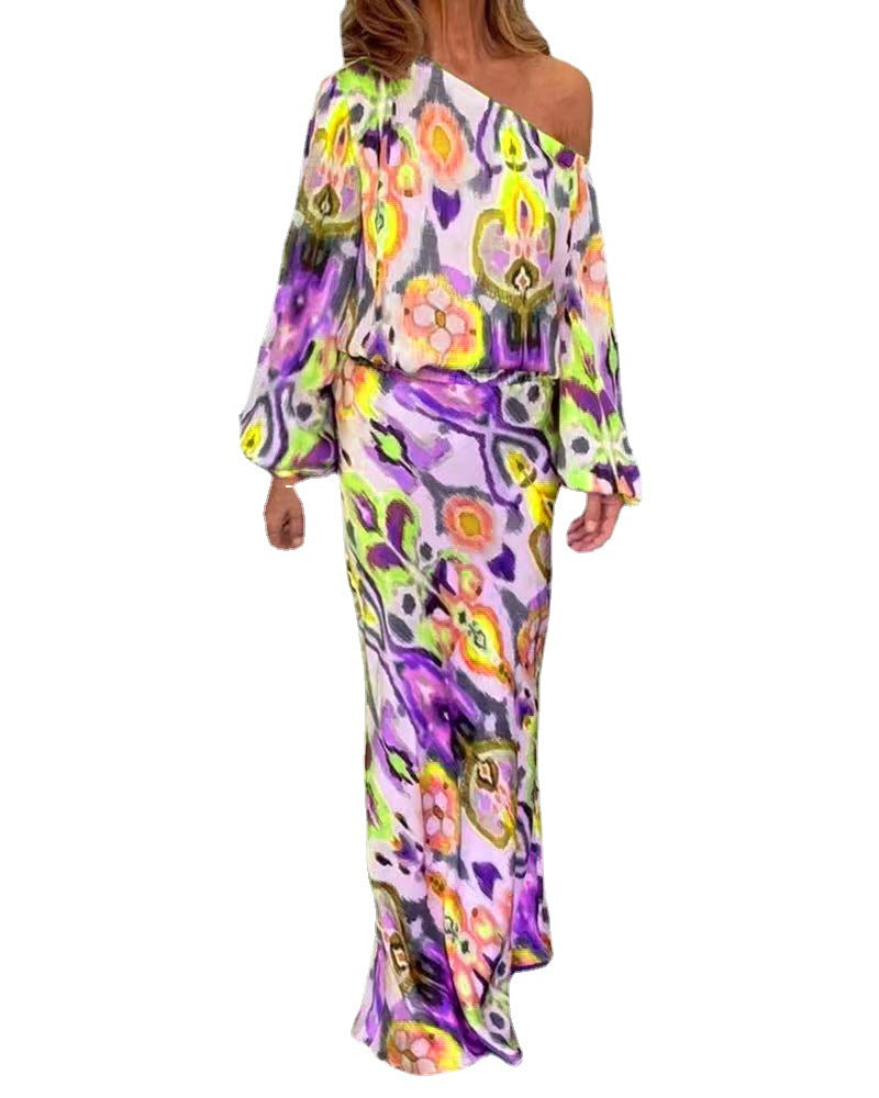 Damen Elegantes Maxikleid im grafischen Batikdesign mit Off-Shoulder-Ausschnitt und voluminösen Ärmeln EB