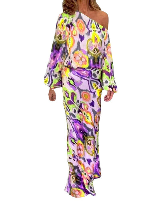 Damen Elegantes Maxikleid im grafischen Batikdesign mit Off-Shoulder-Ausschnitt und voluminösen Ärmeln EB