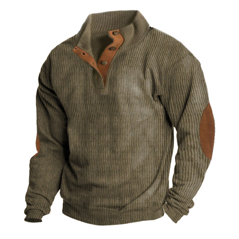 Herren nan grober Rippstrick-Pullover mit Stehkragen, Knopfleiste und markanten Ellenbogenpatches EB