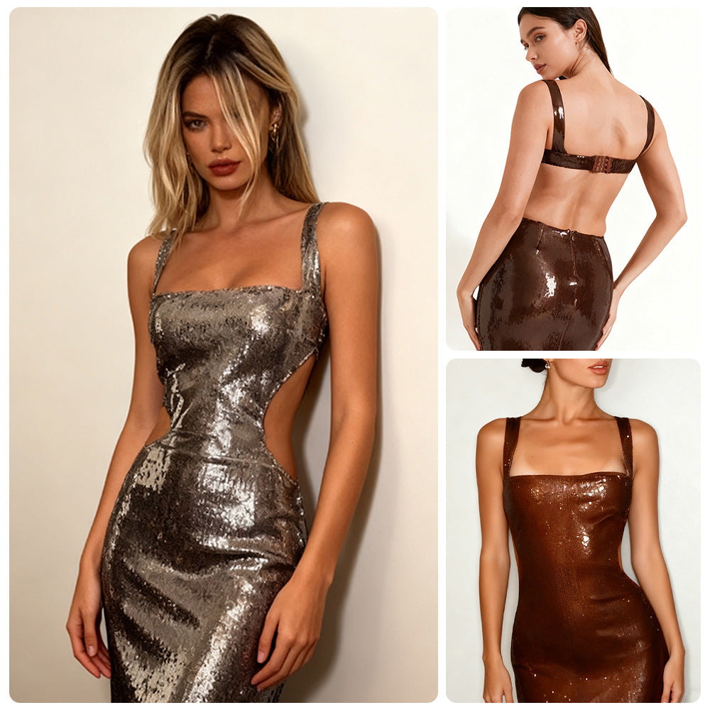 Damen Lange Pailletten-Robekleid mit schicker Silhouette und tiefem Ausschnitt EB
