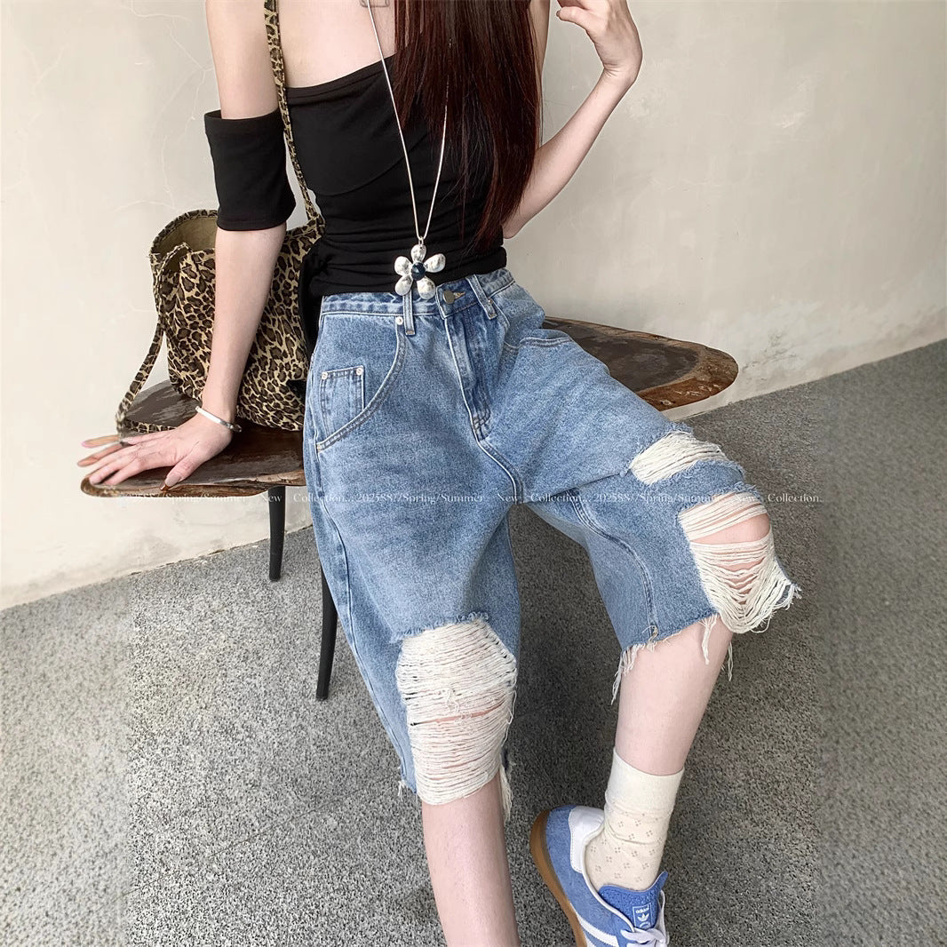 Damen Trendige Denim-Culottes im Destroyed-Look mit hohem Bund EB