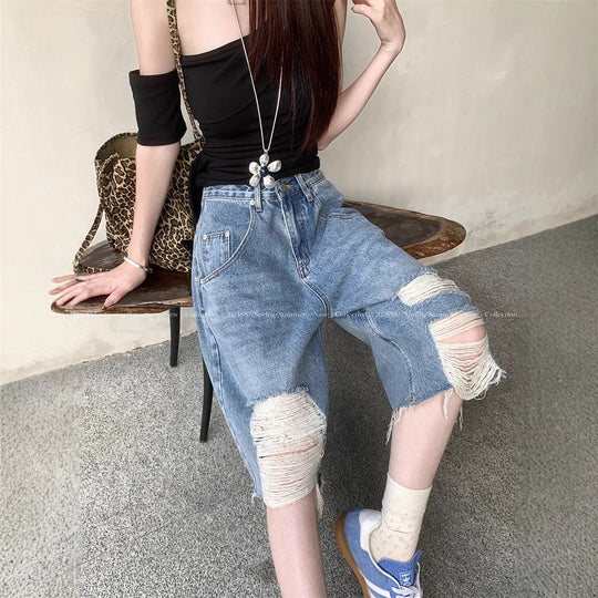 Damen Trendige Denim-Culottes im Destroyed-Look mit hohem Bund EB