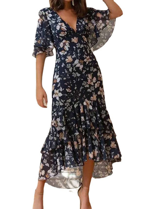 Damen Maxikleid mit voluminösen Ärmeln und floralem Design EB
