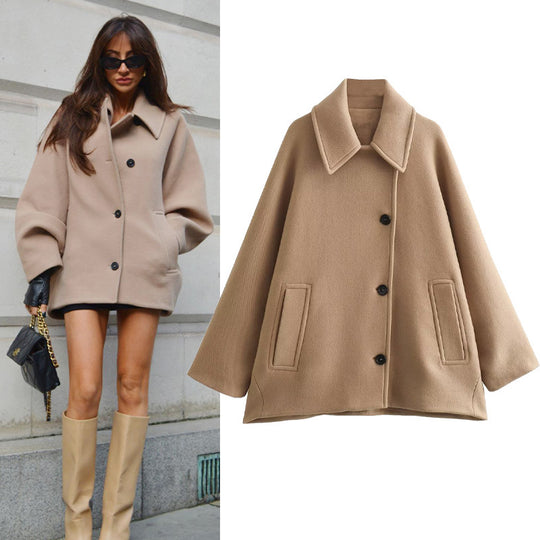 Damen Oversized Wolljacke mit durchgehendem Knopfverschluss und praktischen Taschen EB
