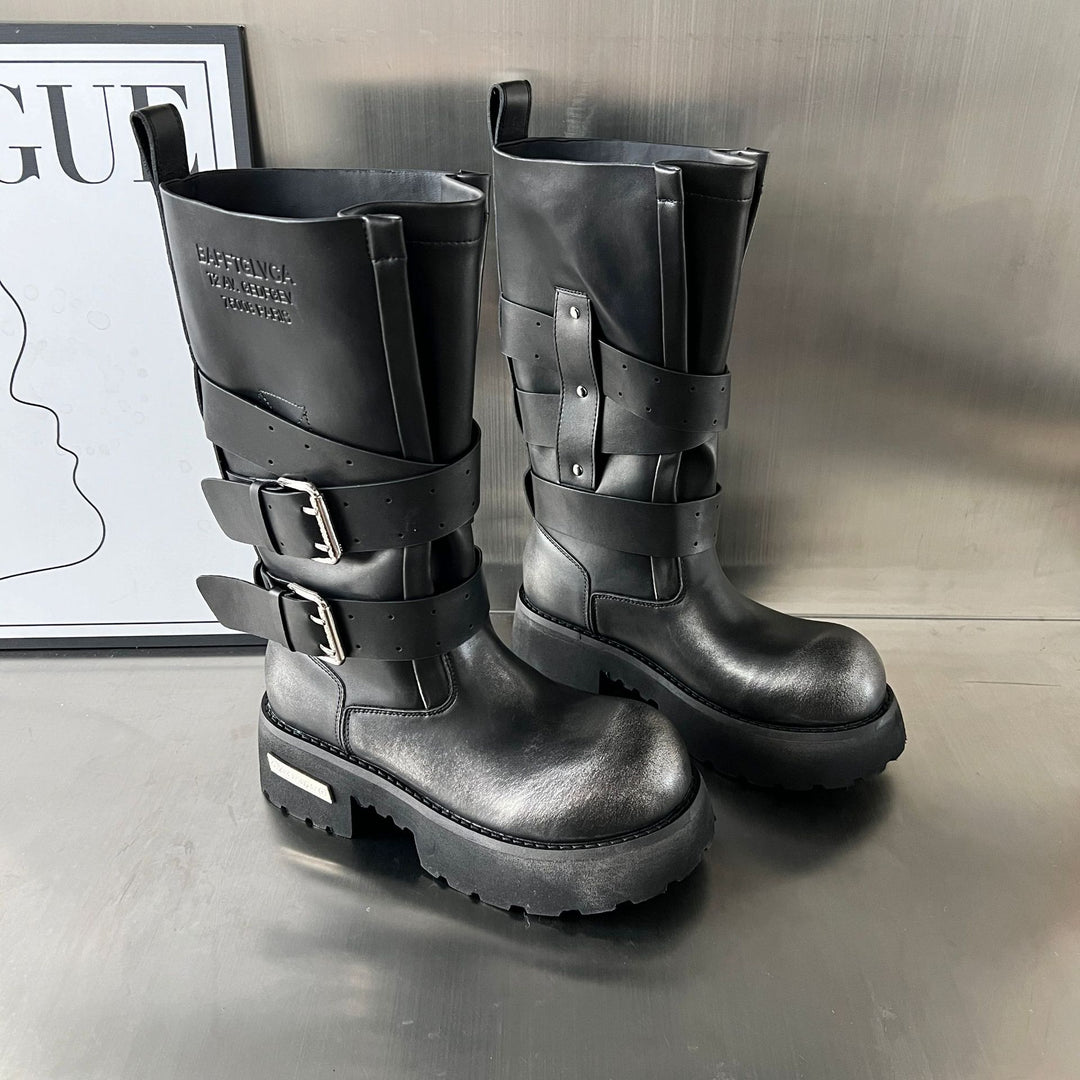 Damen Modische Biker-Stiefel mit robustem Profil und verstellbaren Schnallen EB