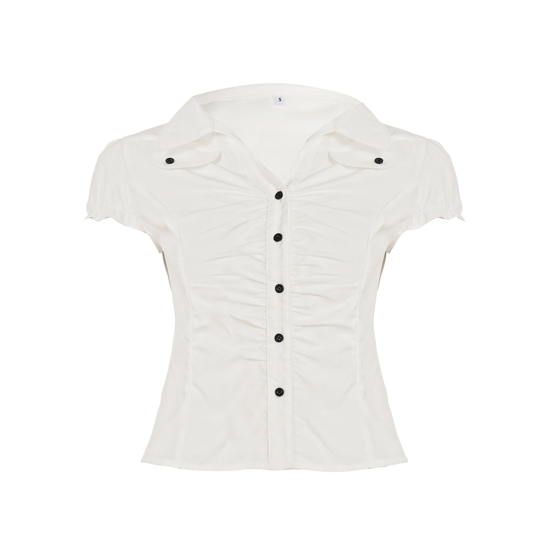 Damen figurbetontes Blusenshirt mit eleganten Rüschendetails und Knopfverschluss EB