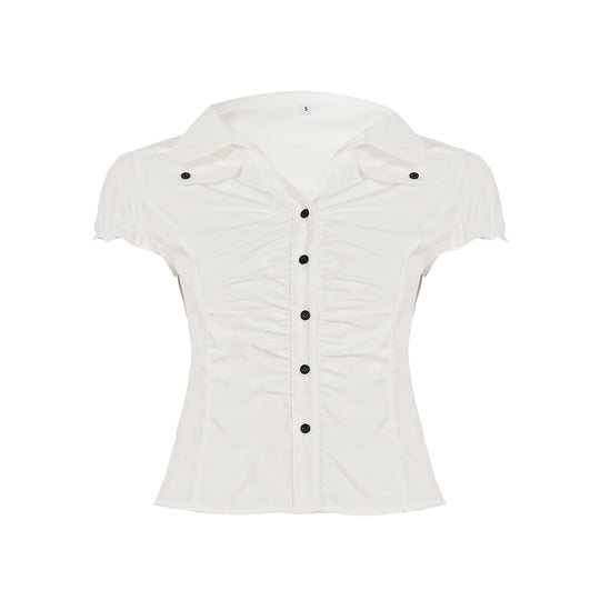 Damen figurbetontes Blusenshirt mit eleganten Rüschendetails und Knopfverschluss EB