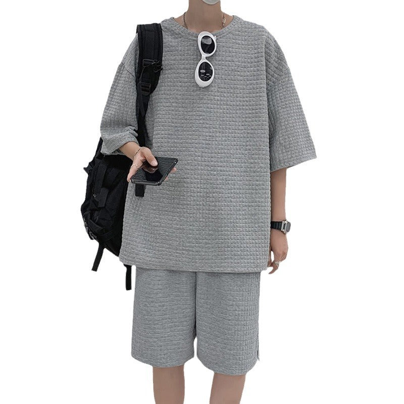 Herren nan quadratstruktur Freizeitset mit oversized Rundhalsshirt und knielangen Relax-Shorts EB