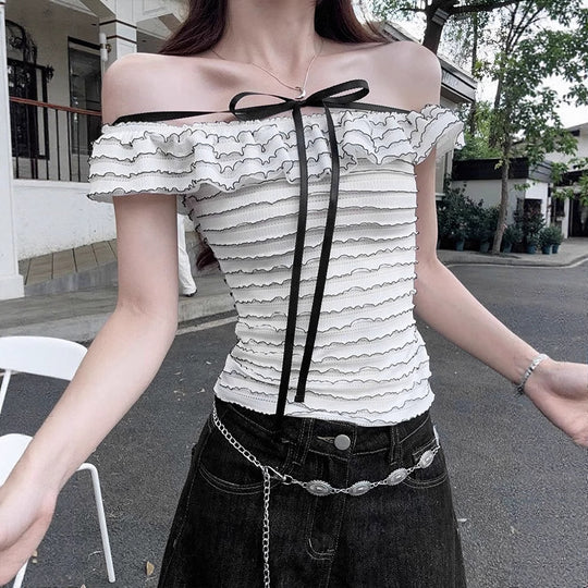 Damen Offshoulder-Bluse mit elegantem Wellenmuster EB