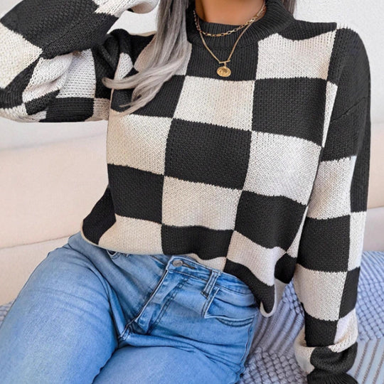 Damen Gemusterter Strickpullover mit Karomuster und modischem Rundhalsausschnitt EB