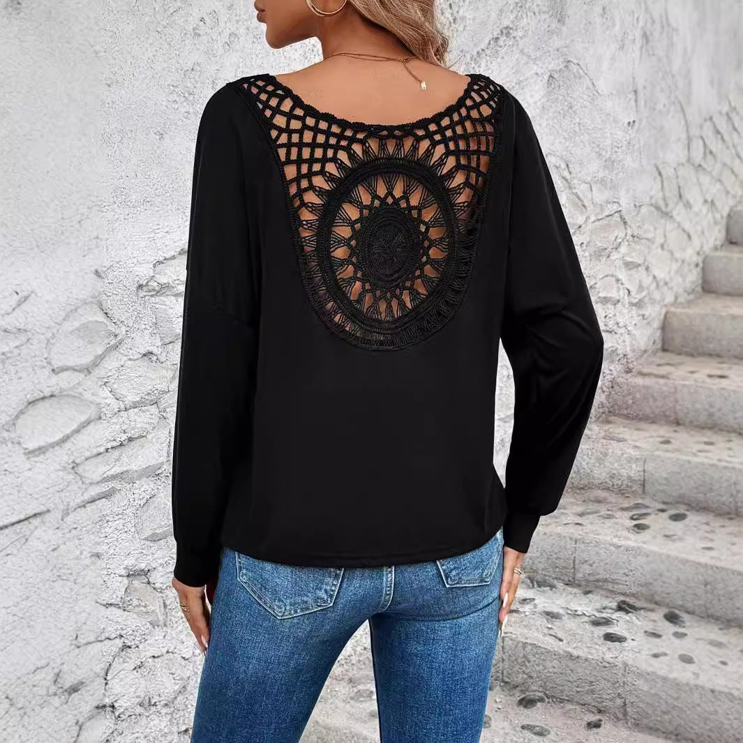 Damen Langarm T-Shirt mit dekorativem Häkelrücken EB