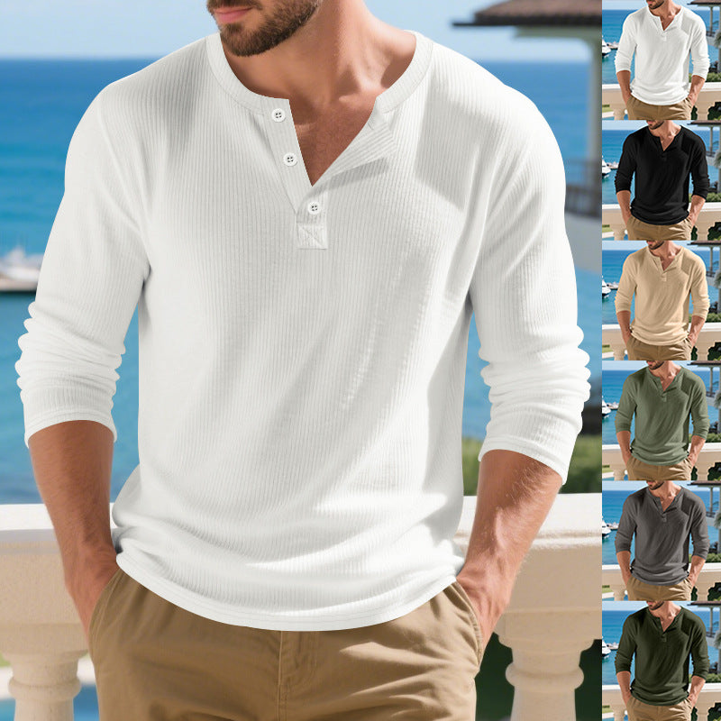Herren nan strukturiertes Henley-Langarmshirt aus Waffelstrick mit Knopfleiste EB