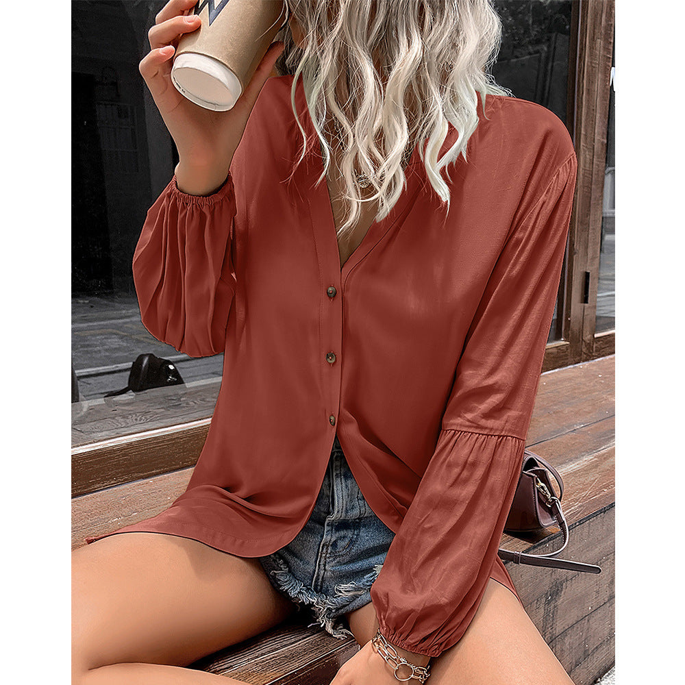 Damen lässige Bluse mit V-Ausschnitt und Ballonärmeln EB