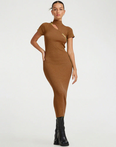 Damen figurbetontes Strickkleid mit asymmetrischem Ausschnitt und hohem Kragen EB
