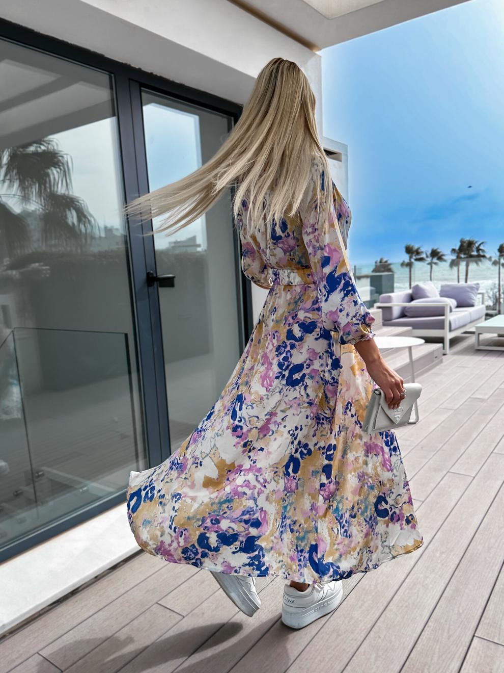 Damen lebhaft bedrucktes Maxikleid mit selbstbindendem Gürtel EB