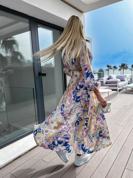 Damen lebhaft bedrucktes Maxikleid mit selbstbindendem Gürtel EB