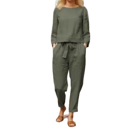 Damen Lässiges Leinen-Loungewear-Set mit Rundhalsausschnitt, Bindegürtel und knöchellanger Hose EB