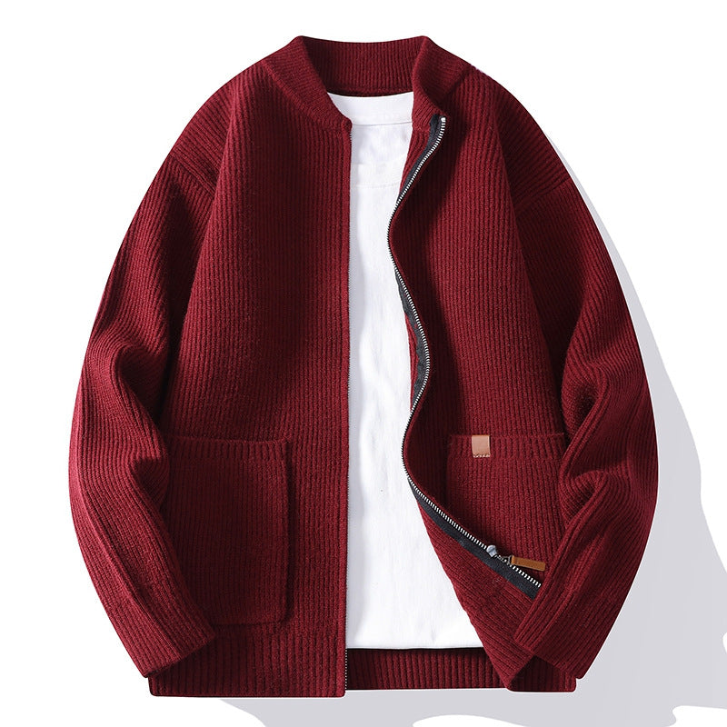 Herren nan gerippte Strickjacke mit durchgehendem Reißverschluss und aufgesetzten Taschen EB