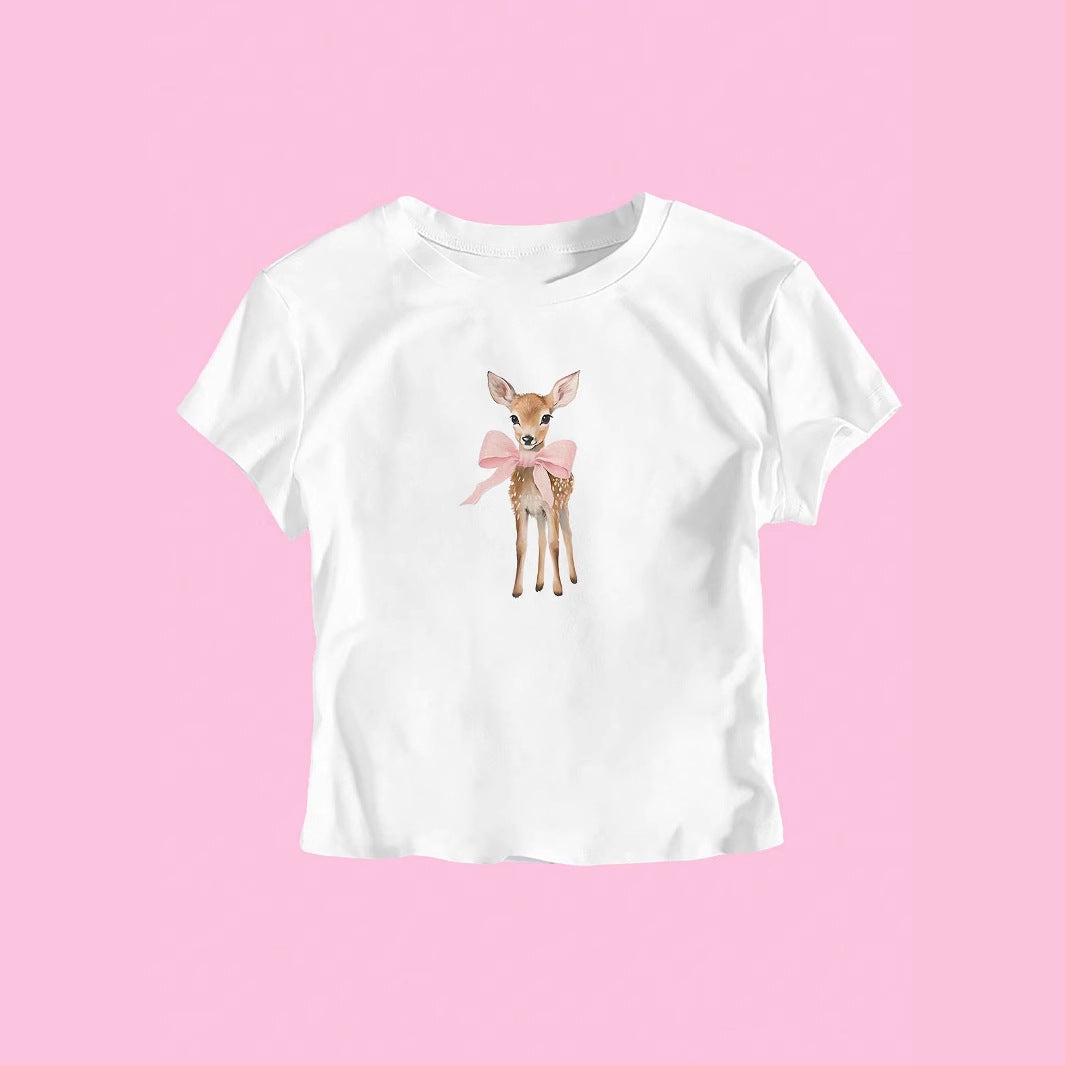 Damen T-Shirt mit süßem Reh-Motiv und farbenfrohem Aufdruck EB