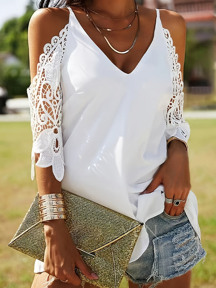 Damen Bluse mit offenen Schultern und Spitzenakzenten Heidi-Mode