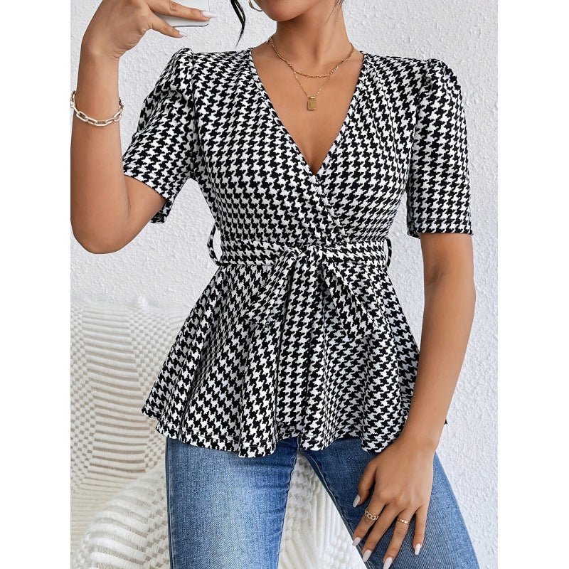 Damen Wickelbluse mit lässigem Schnitt und modischem Hahnentritt-Muster EB